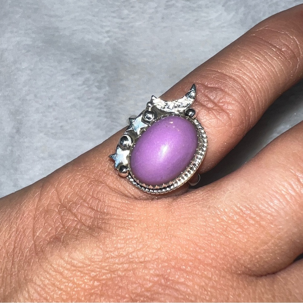 925 silver moon & stars ring with purple lepidolite stone ring size 6 1/2 - Picture 2 of 7